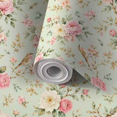 Papier peint adhésif à peler et coller avec papier peint, branches de style champêtre, fleurs, oiseaux, pour mur, adhésif et amovible 24 po x 118 po (60 x 300 cm)