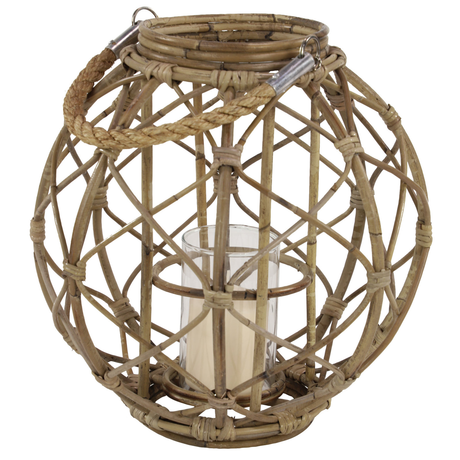 Round Rustic Woven Rattan Lantern, 15" H x 15" W x 15" D, Brown