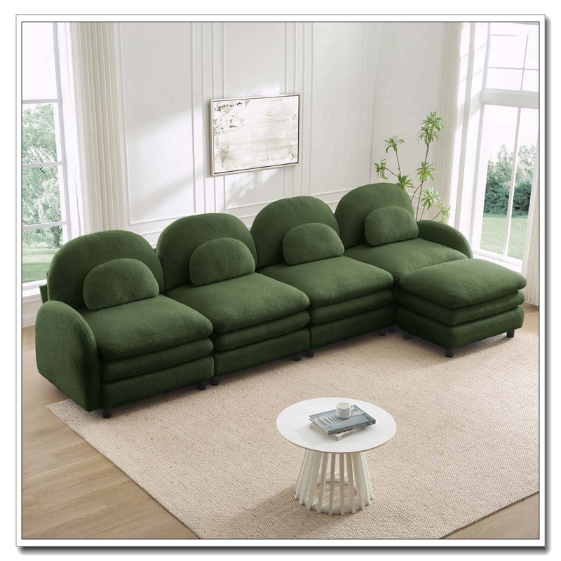 Canapé en tissu Teddy Cloud, dossier incurvé et accoudoirs avec coussins lombaires, Vert + 4 sièges + 1 repose-pieds