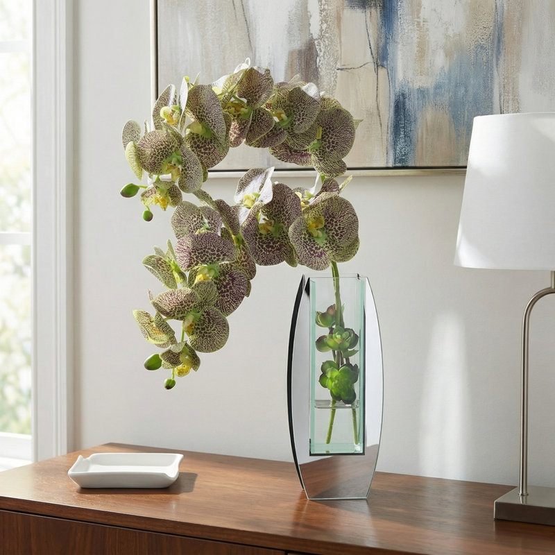 Orchidées disposées dans un vase miroir en verre avec Sedum