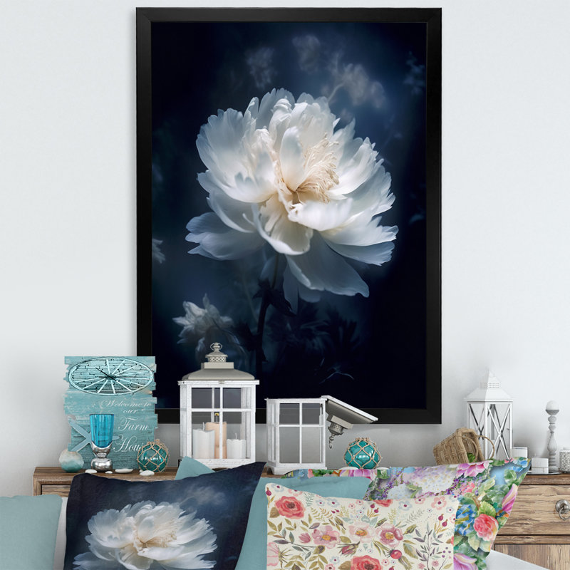 Pivoine blanche blanche sérénité sur toile, H 40 po x l 30 po x P 1,5 po, Cadre simple noir