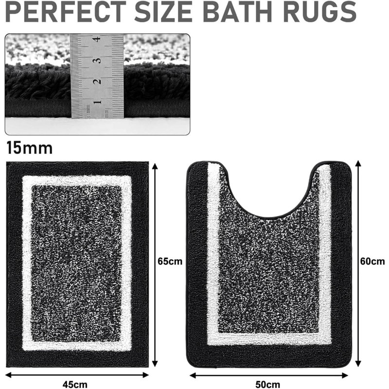 Bathroom Rug Mat Set, Microfiber Shaggy Bath Mat, Non-Slip Soft Bathroom Carpet, Super Absorbent Quick Drying, Machine Washable, 2 Piece With U-Shaped Toilet, Black, 45X65cm+50X60cm