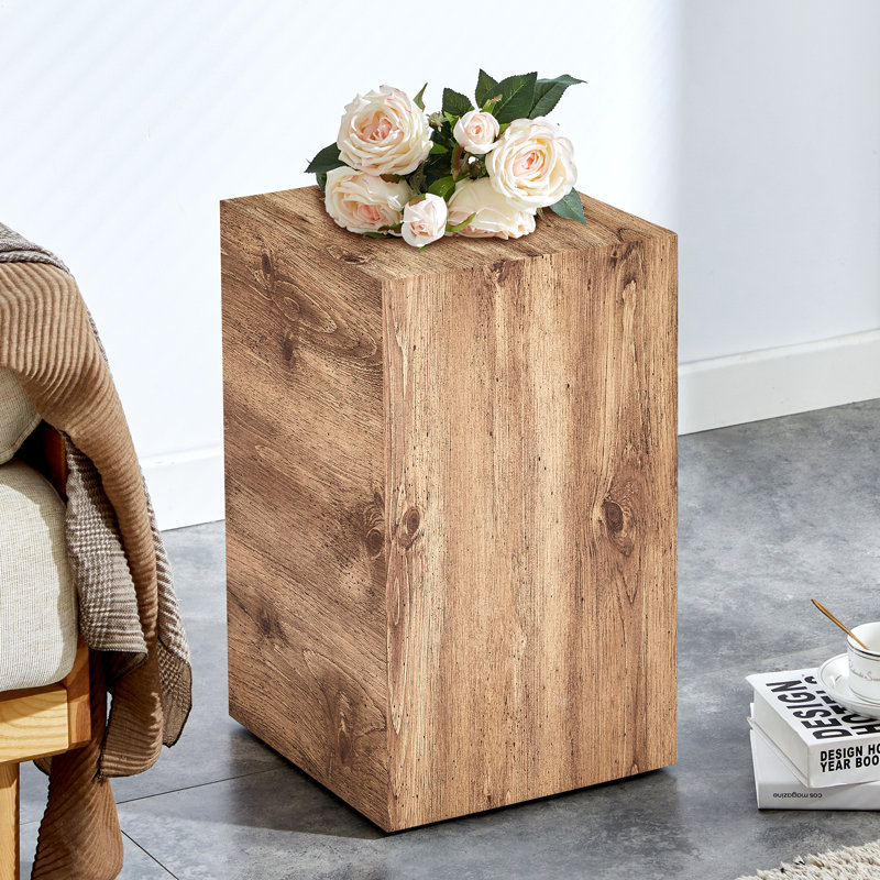 Compact 20" Modern Geometric Natural Wood Grain Pedestal End Table, Brown wood, 19.69" H x 11.81" W x 11.81" D