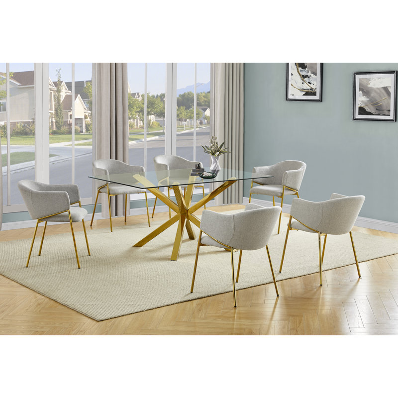 Ensemble de salle à manger rectangulaire en acier inoxydable et verre avec chaises en lin, 7, Gris/doré