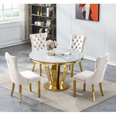 Round Dining Table Set, Faux Marble Dining Table & Velvet Chairs with Stainless Steel Pedestal, 44.88" Dining Room Table and Chairs Set, Luxury Circle Dining Table Set