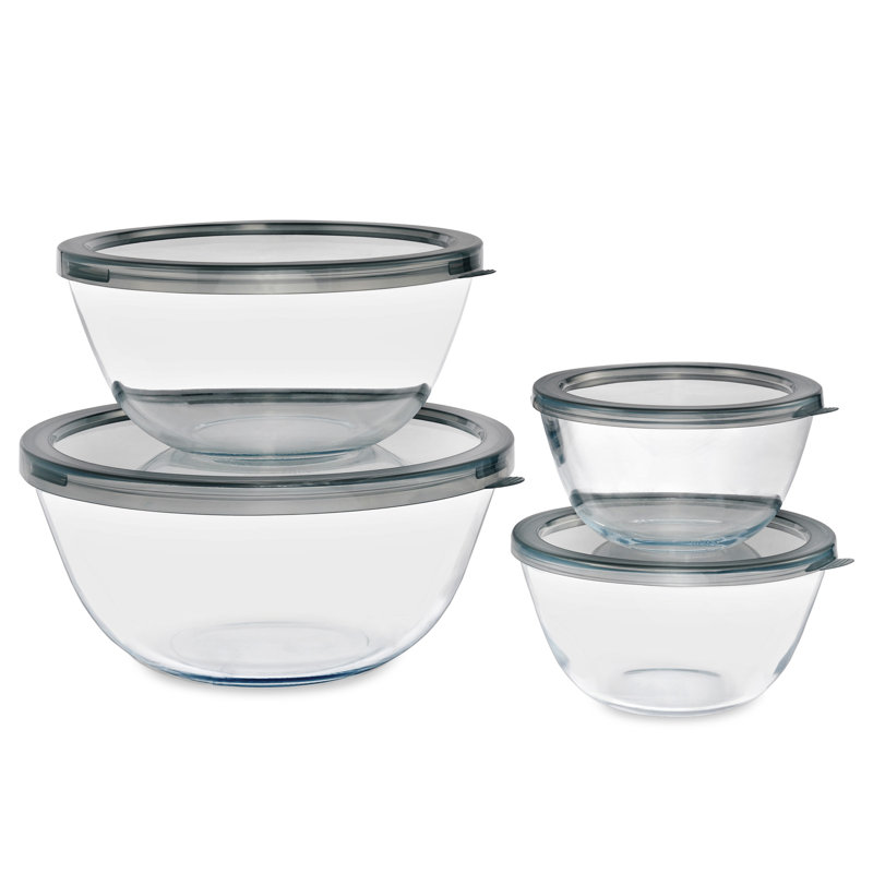 Ensemble de bols en verre 4 pièces Sorbus avec couvercles en plastique hermétiques - Bols de mélange et de rangement emboîtables, sans BPA, allant au micro-ondes, au lave-vaisselle et au congélateur, motif à surface plane