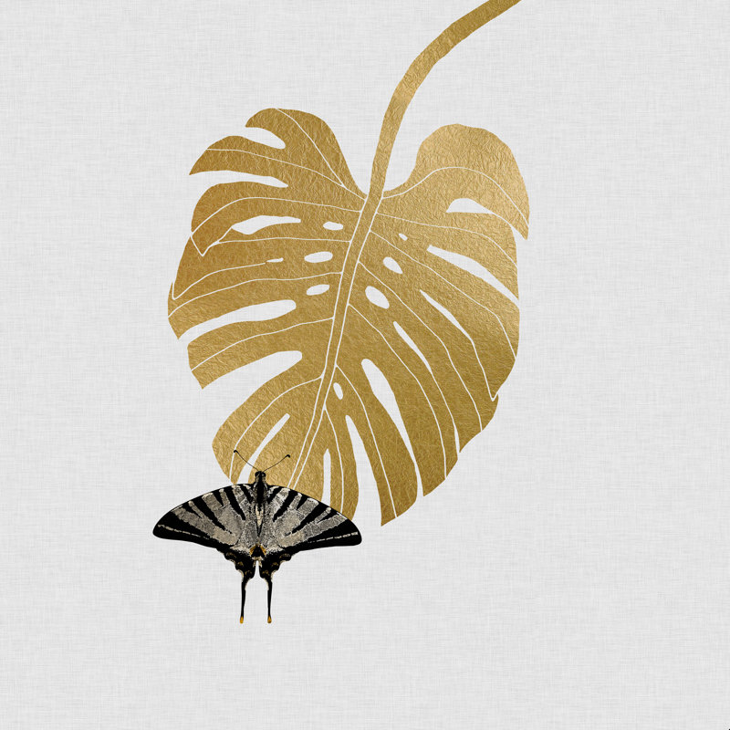 Papillon et feuille de Monstera - peinture sur toile tendue, H 30 po x l 30 po, Cadre flottant érable, Non
