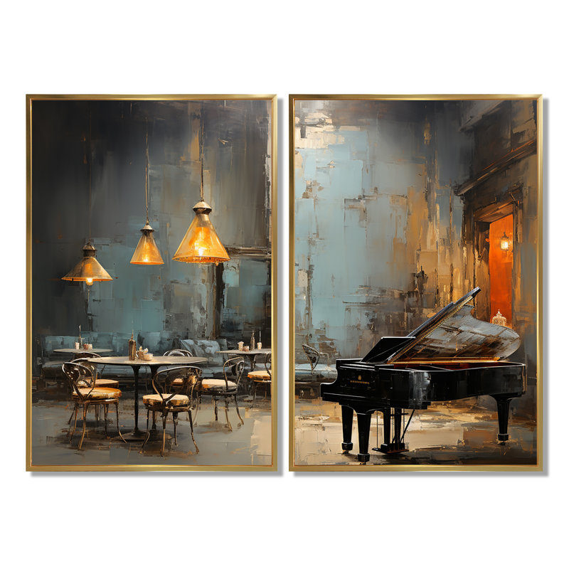 Art mural rétro sur toile, "Patao Sonata In Jazz Cafe III", 2 pièces, 36" H x 48" W, Impression encadrée flottante, Gold