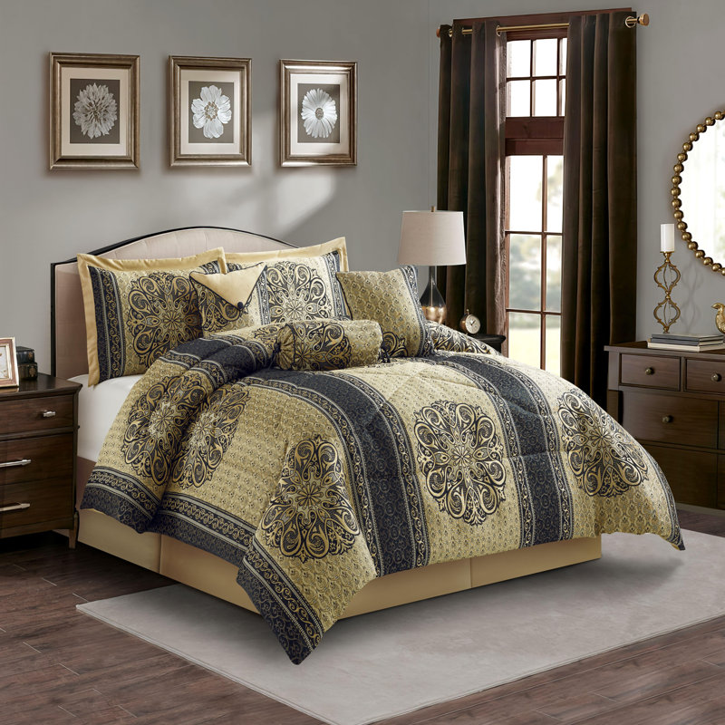 Myhand Microfiber 7 Piece Comforter Set, Queen Comforter + 6 Additional Pieces, Navy/Gold