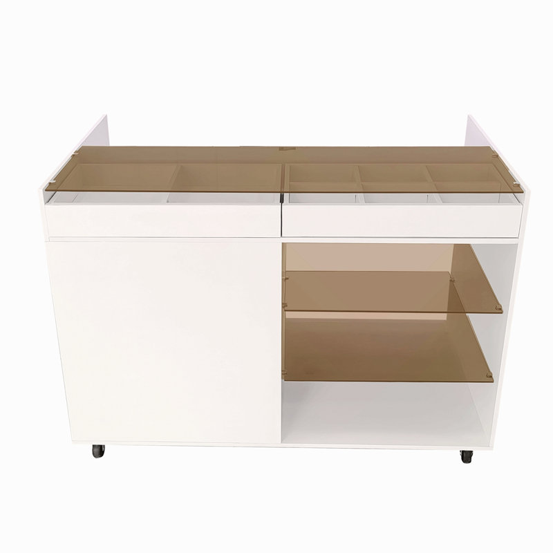 Commode de meuble-lavabo pour îlot de cuisine 43,3 po avec 3 tiroirs latéraux, un espace de rangement réversible et deux tablettes en verre