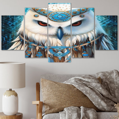 Portrait d'un hibou blanc et turquoise I - Décoration murale chouette animaux - 5 panneaux