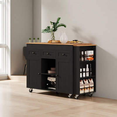 85.5" Kitchen Island With Extendable Dining Table, Kitchen Storage Table With 3 Side Open Shelves, Rolling Kitchen Island With Power Outlet, 3 Drawers, 2 Doors, For Kitchen, Dining Room