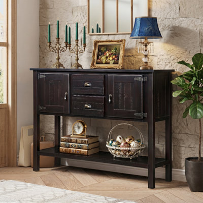 48" Espresso Solid Wood Sideboard Console Table, 2-Drawer 2-Door Buffet Server Cabinet with Bottom Open Shelf