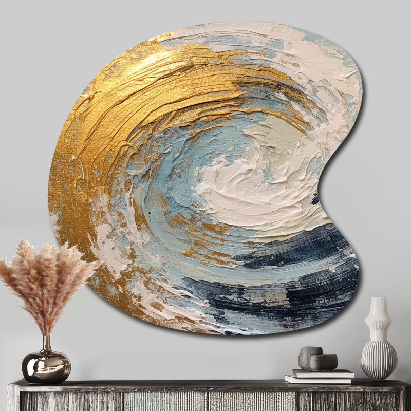 Or et bleu spirale nébuleuse - spirale abstraite, art mural en métal asymétrique, H 33 po x l 33 po
