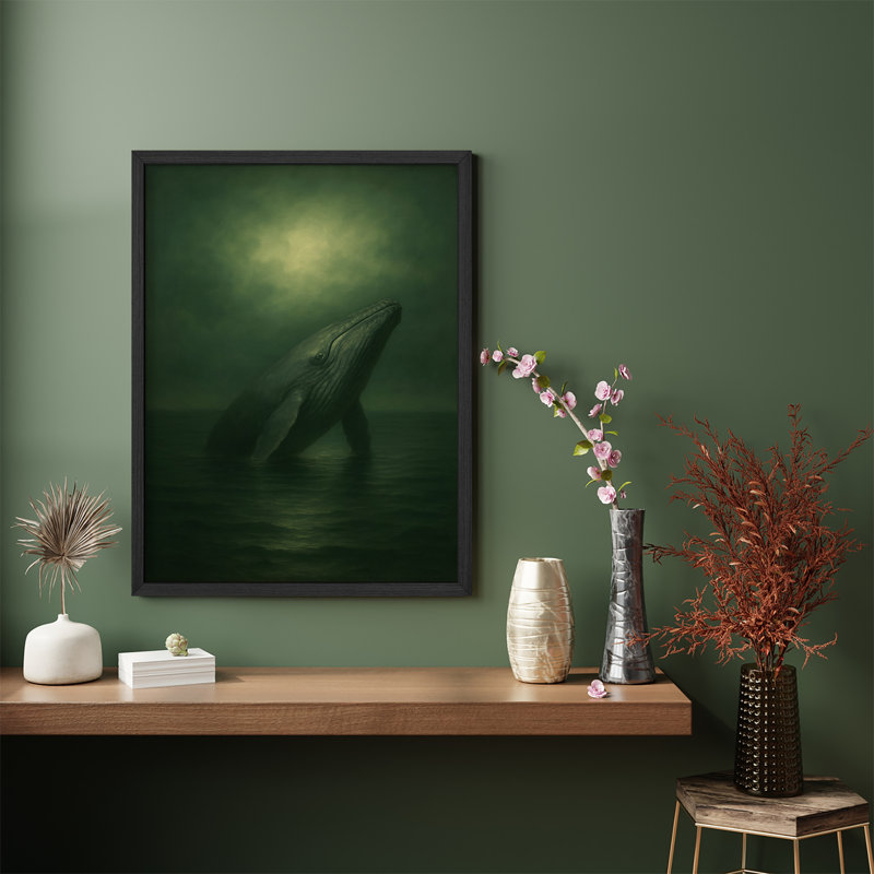 Reproduction d'art encadrée - Baleine faisant surface sous une lumière éthérée, art dramatique de la faune de l'océan pour des intérieurs contemporains