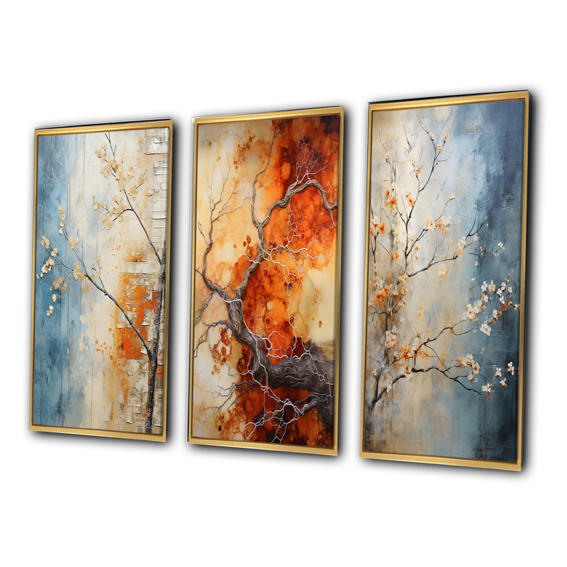 «Orange Teal Maple Tree Glowing Embers», 3 pièces sur toile, Cadre flottant doré, H 40 po x l 60 po