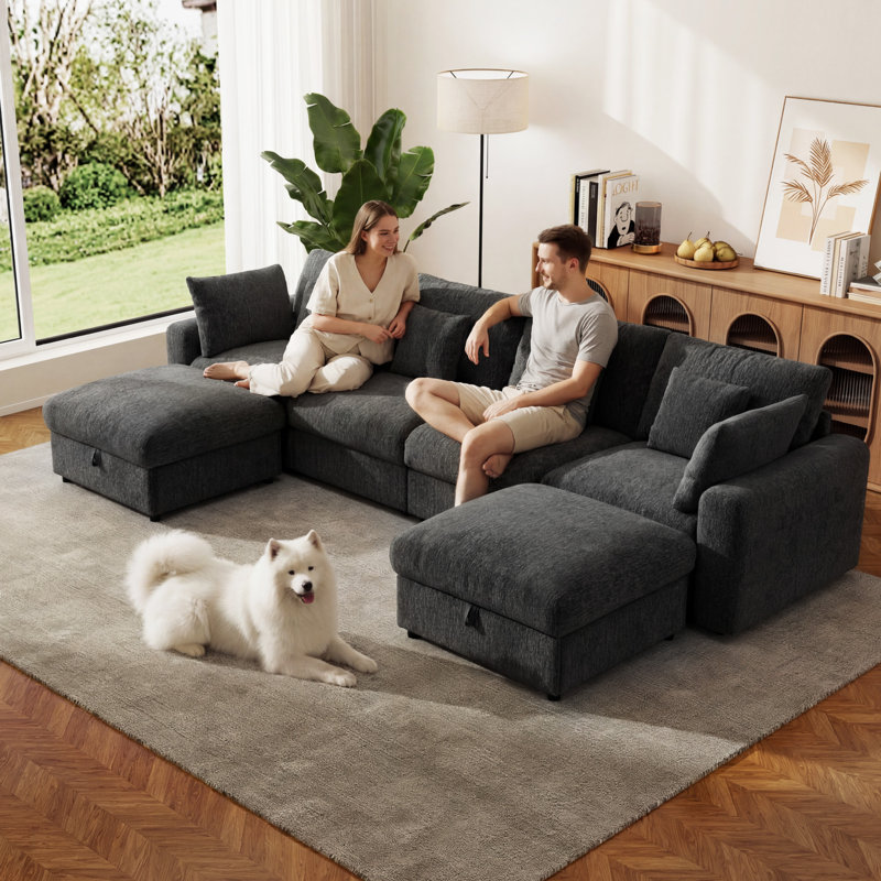 Canapé modulaire à quatre places avec 2 repose-pieds avec rangement Aarden, Gris, H 34,65 po x l 140 po x P 39,37 po