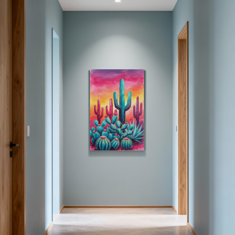 Plantes et fleurs, paysage de cactus coloré au coucher du soleil, H 40 po x l 28 po