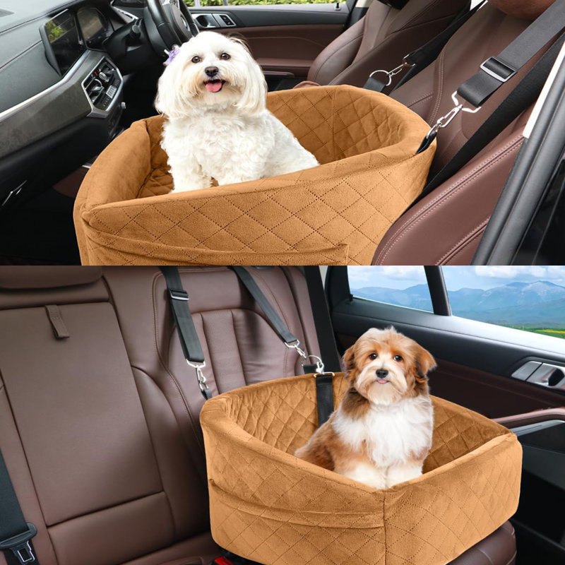 Brown Plush Dog Car Seat with Safety Belt and Storage Pockets