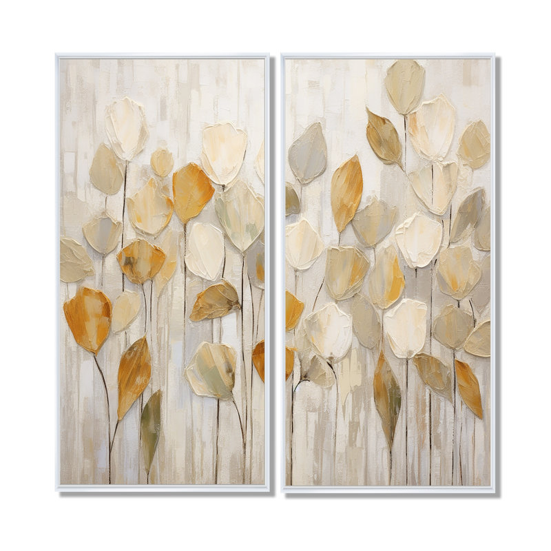 «Beige Botanical Impressions II», art mural abstrait botanique 2 pièces, H 32 po x l 32 po, Blanc