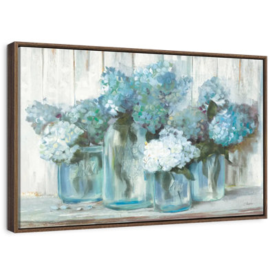 Hydrangeas In Glass Jars Blue