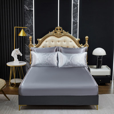 Jacquard Comforter Set Queen Size Bedding with Grey Satin Sheet Set 8 Pcs Royal Embroidery Neoclassical Floral Home Decor Soft Luxury Hotel Bed in a Bag with 1 Cushion Cover