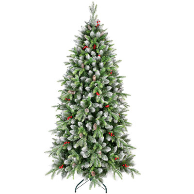 6Ft Pre-Lit Artificial Christmas Tree With 380 Warm White LED Lights, 1264 Tips, Frostedery With Red Berries & Natural Pinecones, Full Holiday Tree With Sturdy Metal Stand For Indoor Decoration