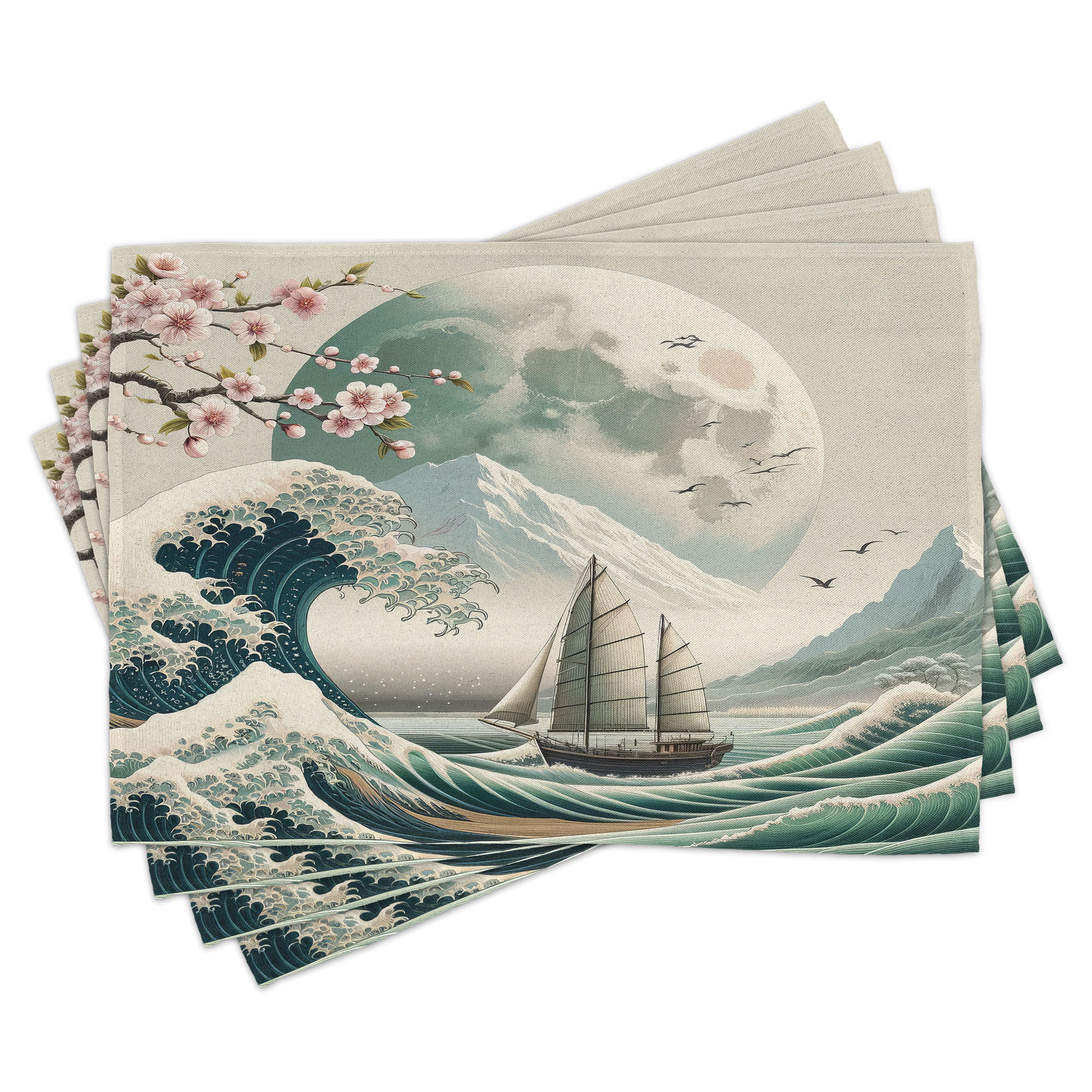 Ambesonne Nautical Place Mats Set of 4 Asian Wave Cherry Blossom ...