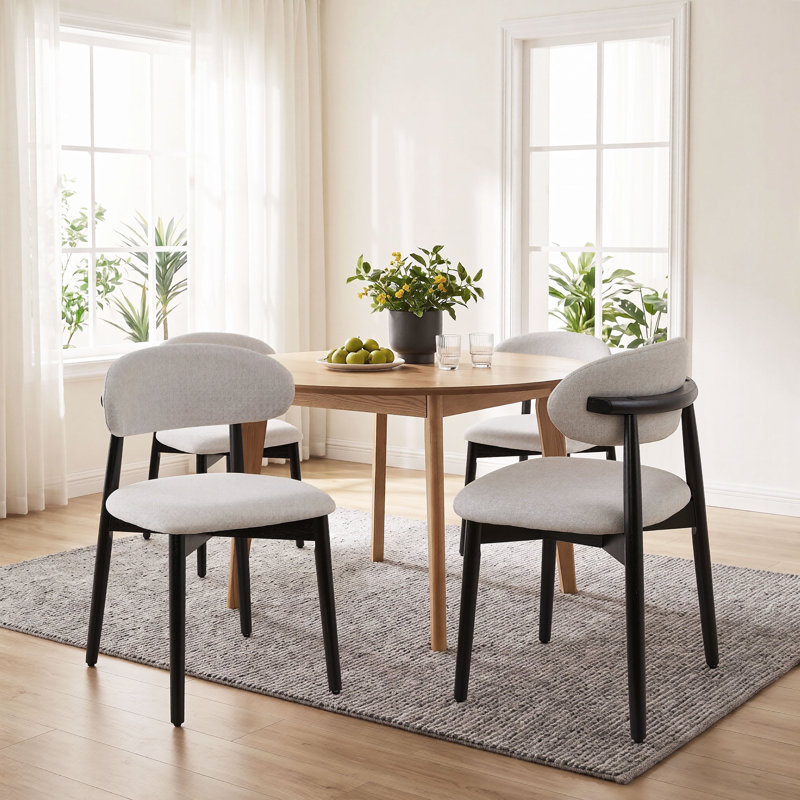 Chaise rembourrée en coton et lin avec pieds en bois massif, 2, Mélange de lin gris lin, Noir