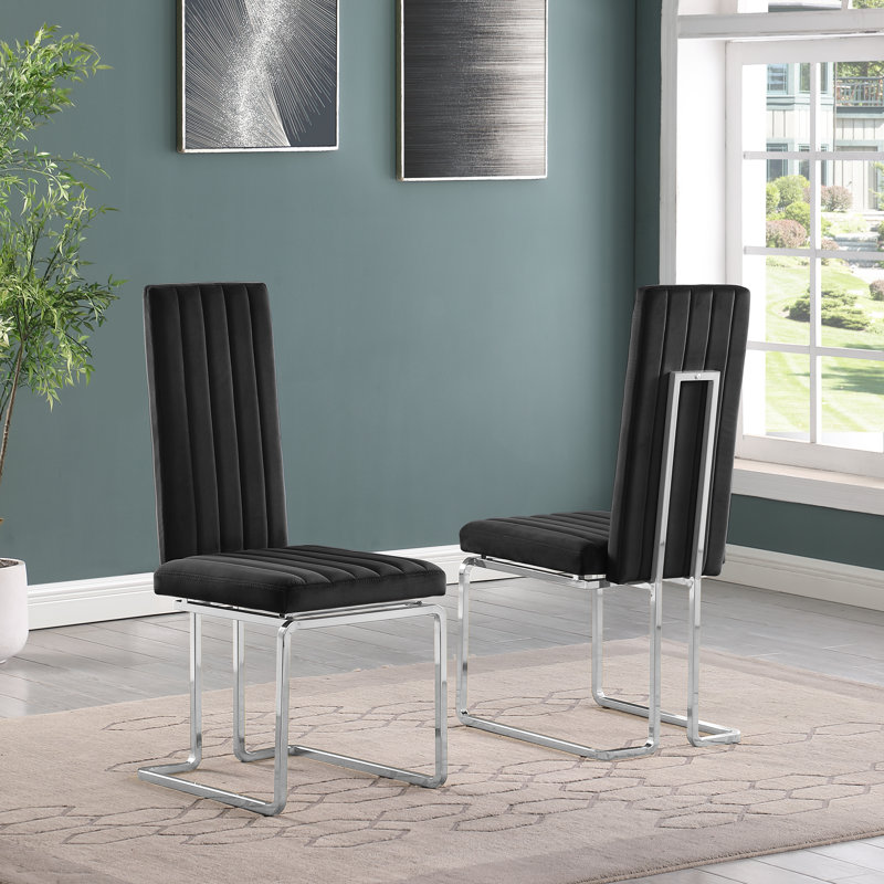 19'' H Velvet Upholstered Side Chair, Black, Silver