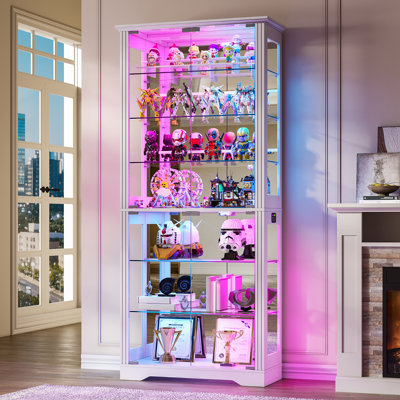 7-Tier Glass Display Cabinet w/ RGB Lights & App Control, 180cm Curio Cabinet Adjustable Glass Shelf