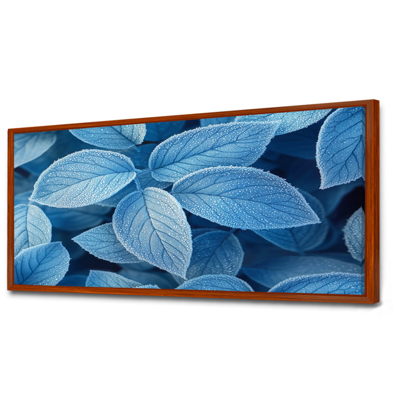 «Ifraz Frost Blue Leaves Tranquility II - LEAVES», art mural grand format, H 28 po x l 60 po, Cadre flottant, Brun