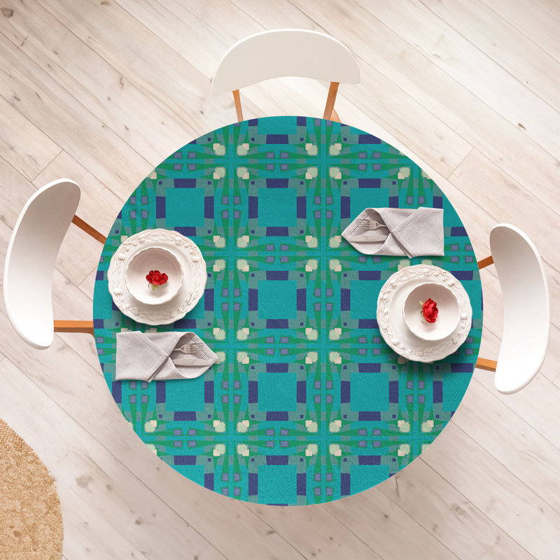 Geometric Fitted Round Tablecloth Dark Seafoam Quartz