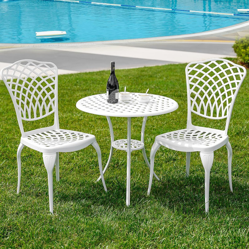 Patio Bistro Set Of 2, Cast Aluminum, Outdoor Set W/umbrella Hole, 3 Piece Table And Chairs Set, Bistro Set For Backyard/garden/lawn, White