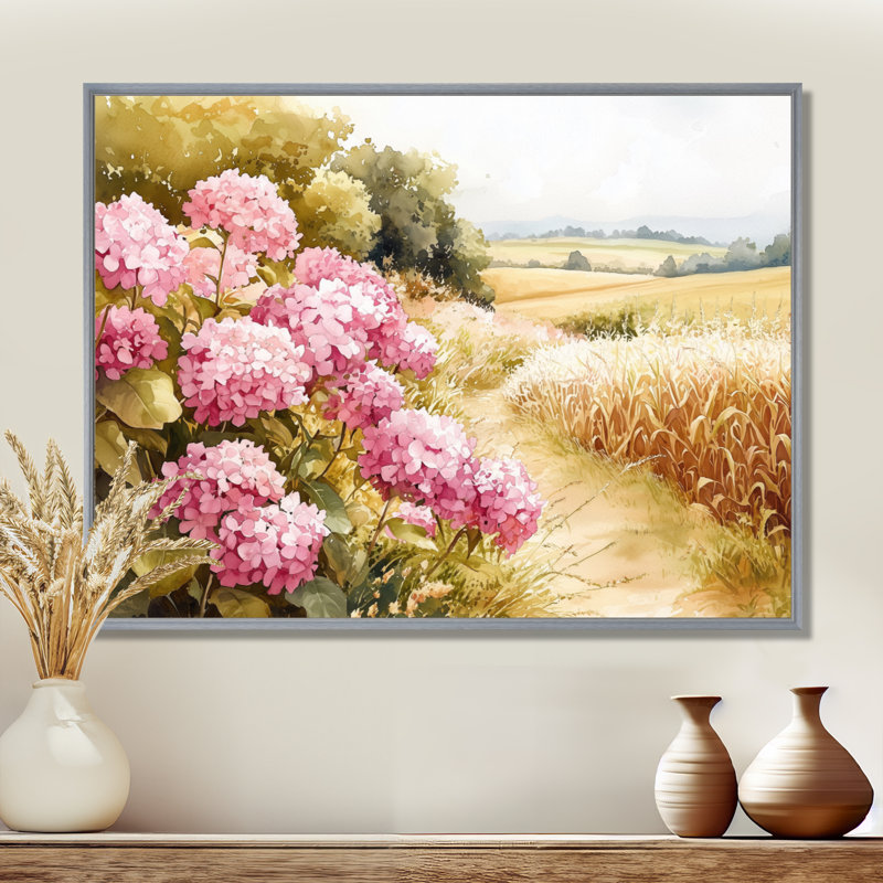 Hortensias dans le champ de maïs - hydrangées, art mural, Argent argent, H 34 po x l 44 po, Impression encadrée flottante