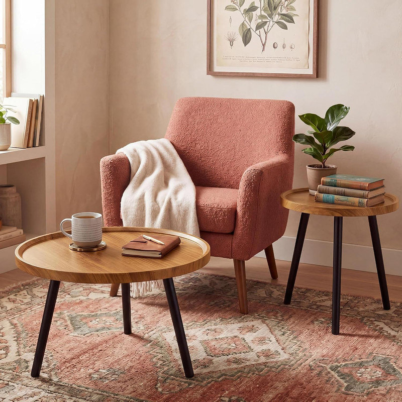 Ensemble de 2 tables basses rondes gigognes, tables d'appoint en bois et en métal, tables d'appoint peu encombrantes pour le salon
