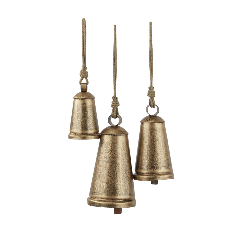 Metal Tibetan Inspired Indoor Outdoor Decorative Cow Bells with Jute Hanging Rope Set, Golden