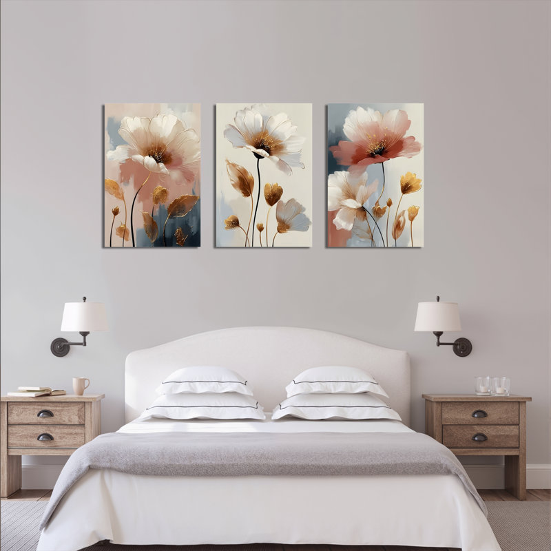 Tableau abstrait floral sur toile tendue (ensemble de 3), H 18 po x l 36 po