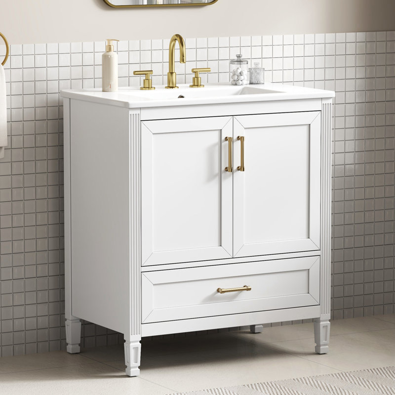 Bathroom Vanity with Ceramic Sink, Soft-Close Doors and Drawer, White