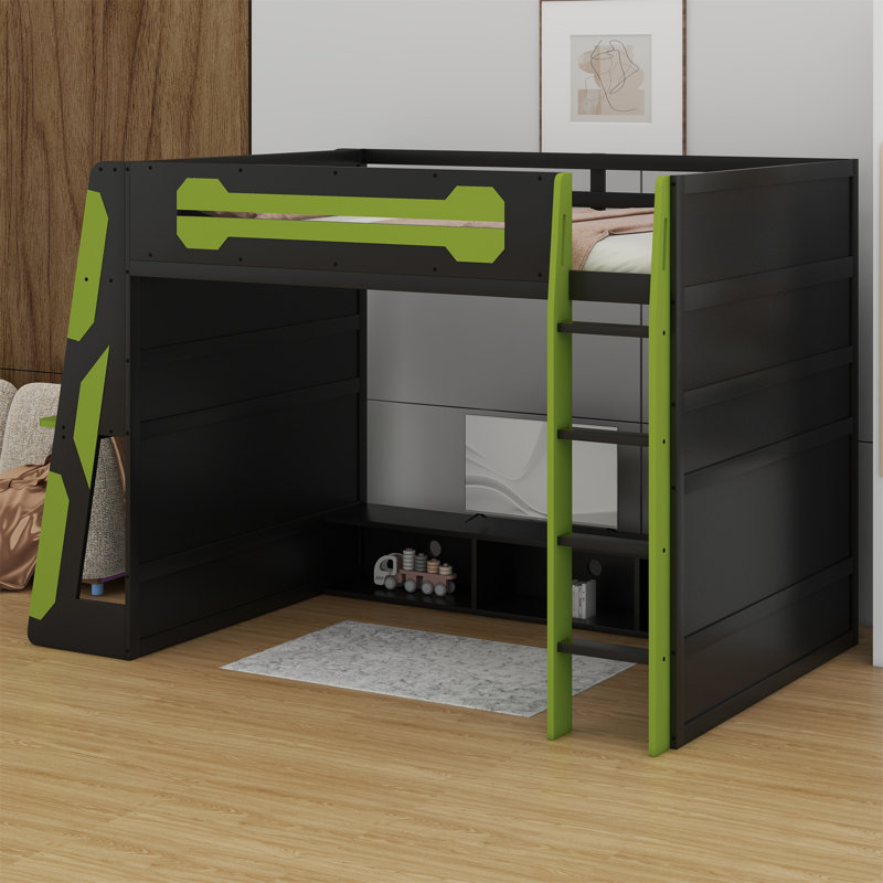 Lit mezzanine en bois avec bureau, tablettes multiples et lumière RVB, Vert