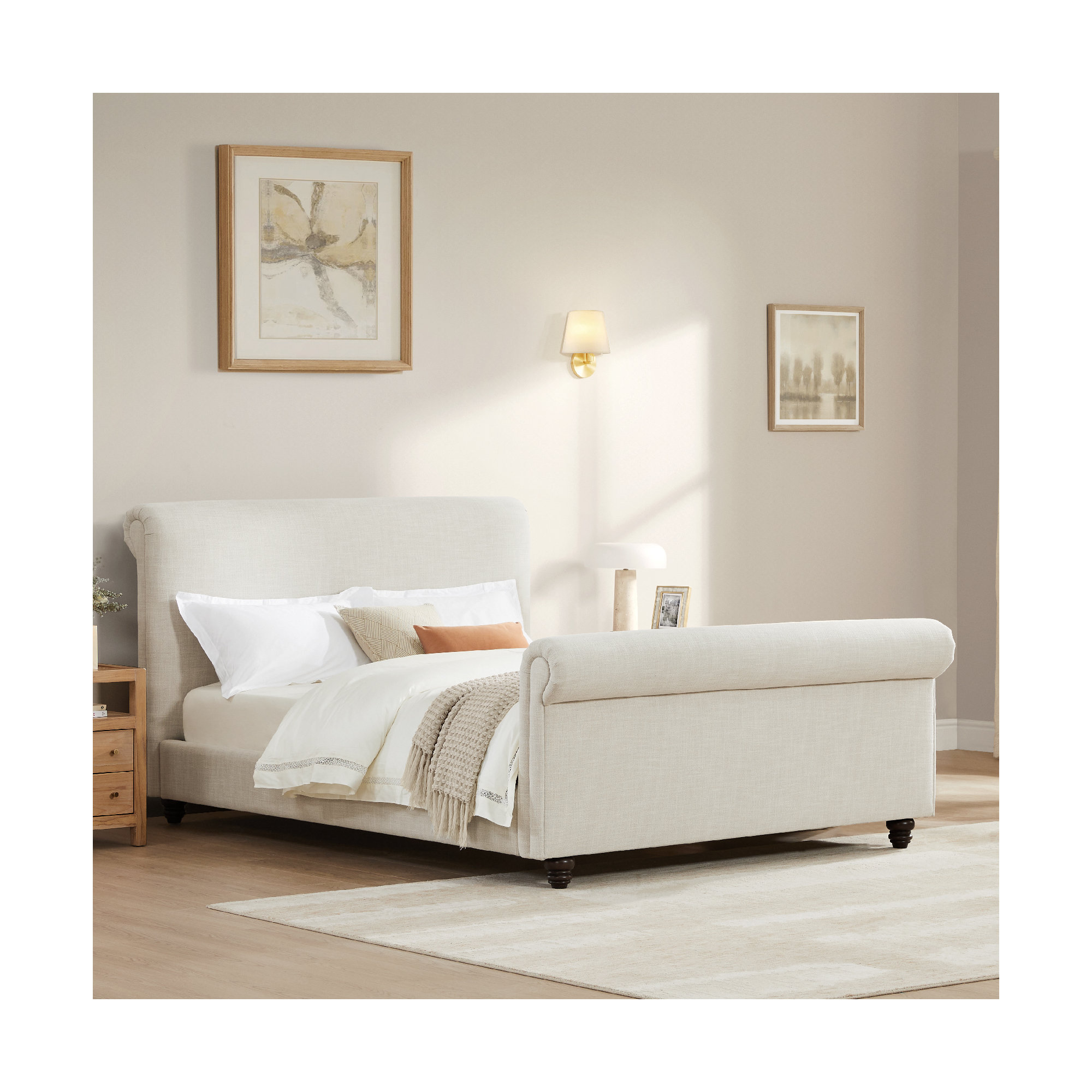 Berks Upholstered Platform Bed, Effie Linen Performance Linen, King