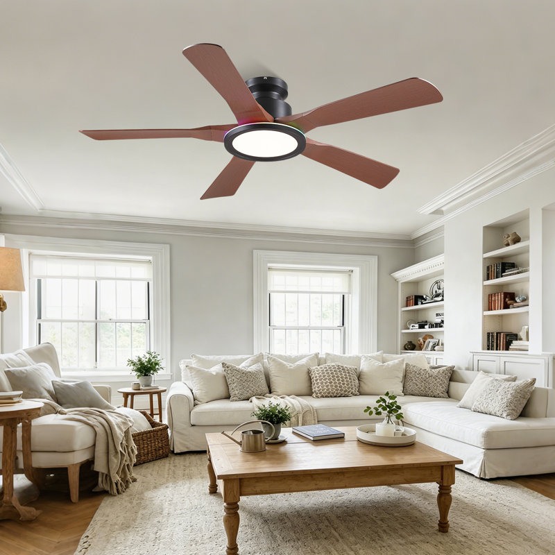 52" Flush Mount Ceiling Fan With Rgb Ring Light, Brown