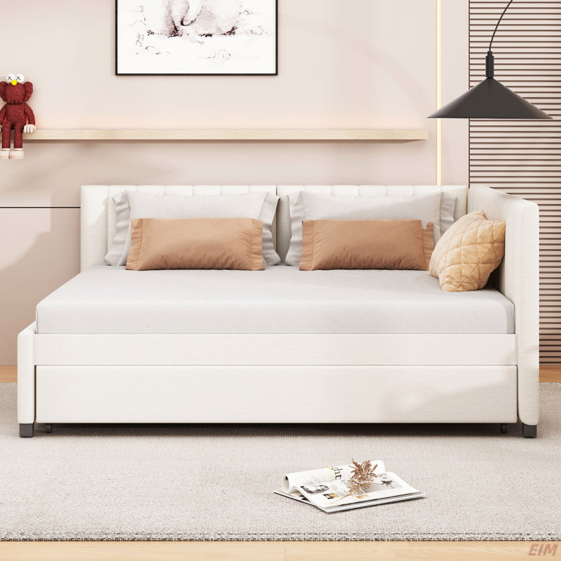 Lit de jour d'angle rembourré avec couchette, Beige, Lit double