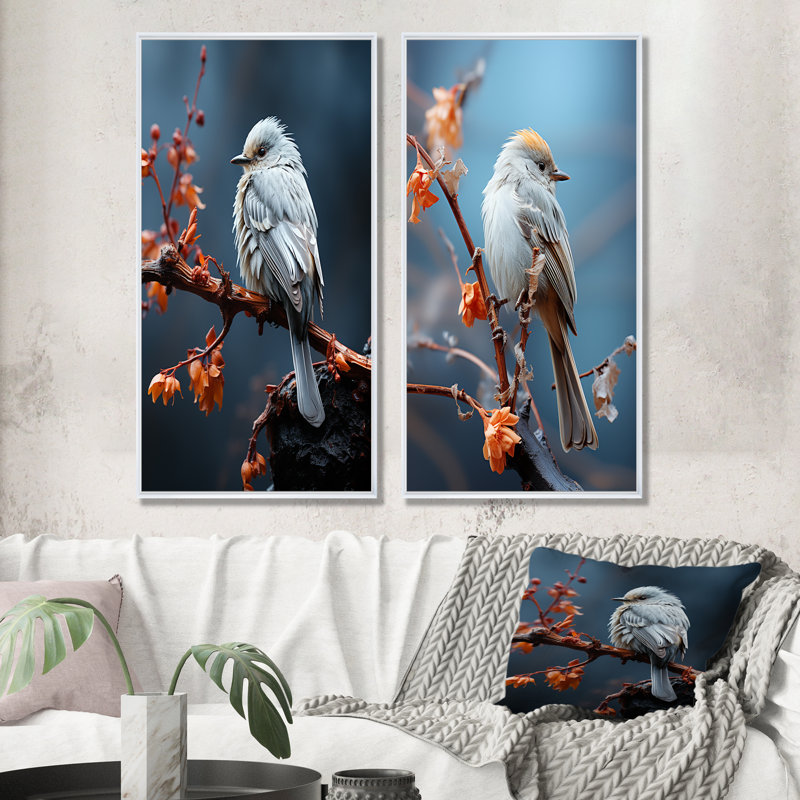 Bird Ethereal Roost - Ensemble de 2 décorations murales oiseaux, Cadre blanc, H 40 po x l 41 po