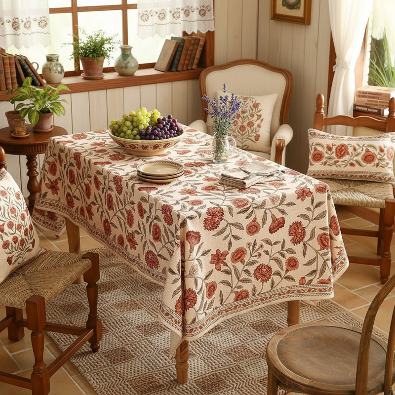 Orange Floral Linen Rectangle Tablecloth 55"X71", Wrinkle Resistant For Thanksgiving Dining