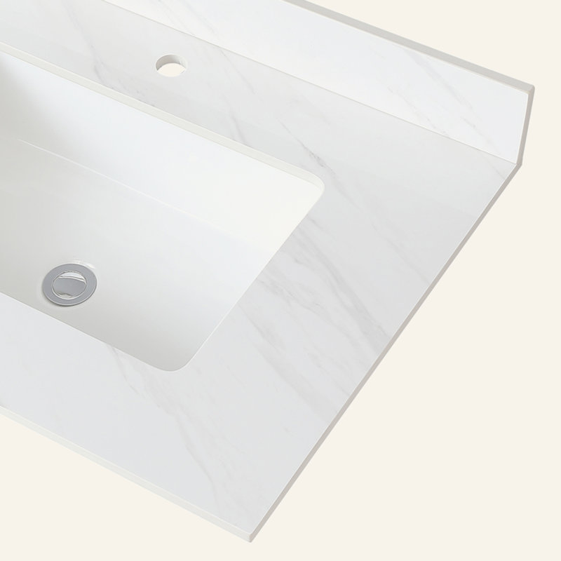 Comptoir de meuble-lavabo en marbre 31 po, comptoir blanc avec trous de robinet pré-percés, comptoir de salle de bain avec lavabo central rectangulaire encastré et dosseret de 4 po de hauteur, Bianco Carrara Venato