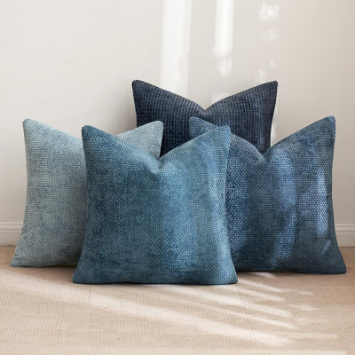 Pack Of 4 Neutral Blue Chenille Throw Pillow Covers, Soft Farmhouse Decorative Cushion Covers For Couch, Sofa, Bed, Living Room