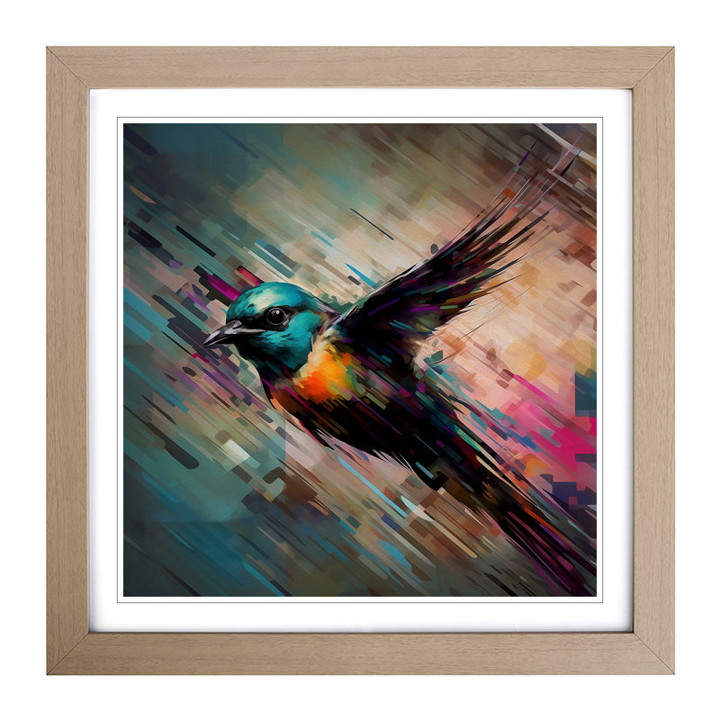 Swallow Glitch Art - Single Picture Frame Print on Wood, Oak