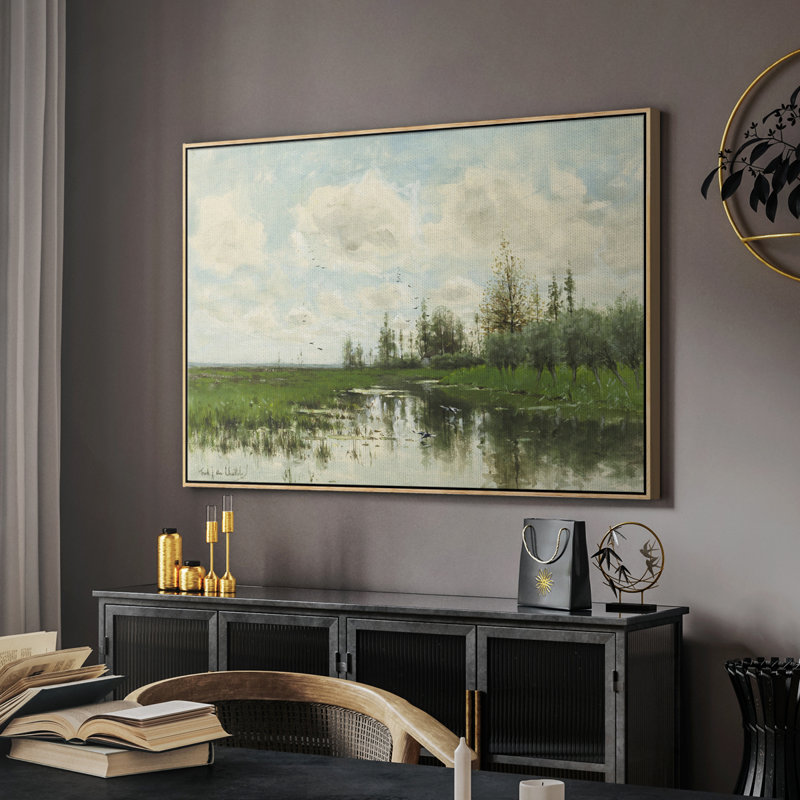 Paysage rétro - XLVI, Vert / beige, 17" H x 25" W x 2'' D, Toile naturelle avec cadre flottant