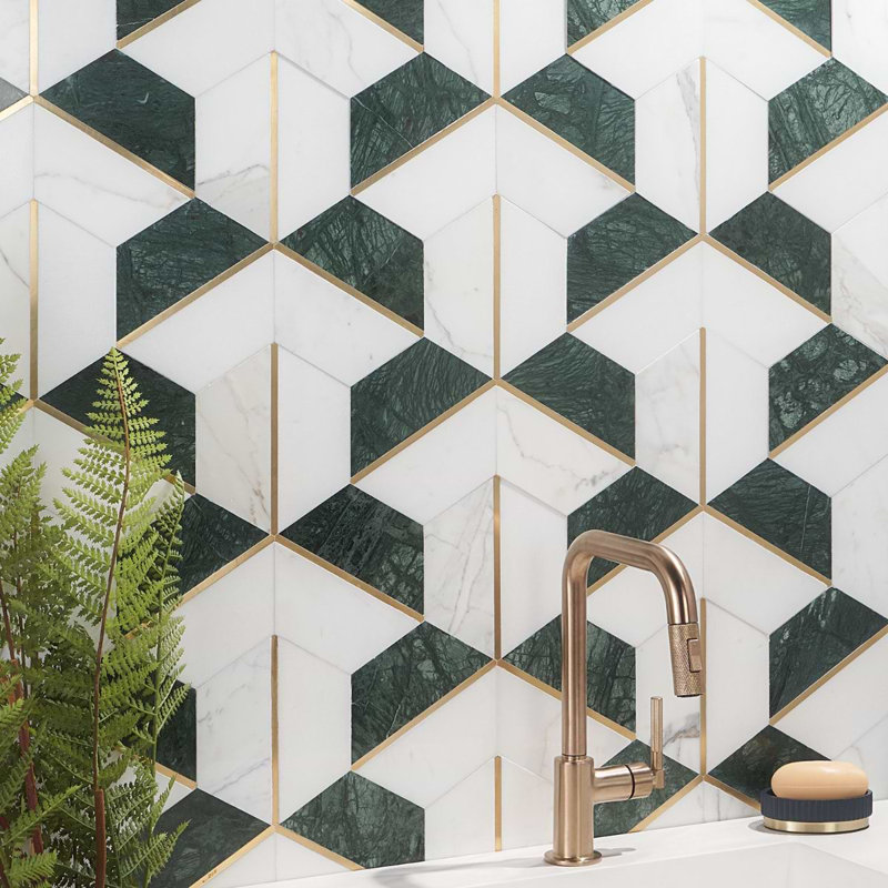 Decade Polished Marble And Brass Mosaic, Verde